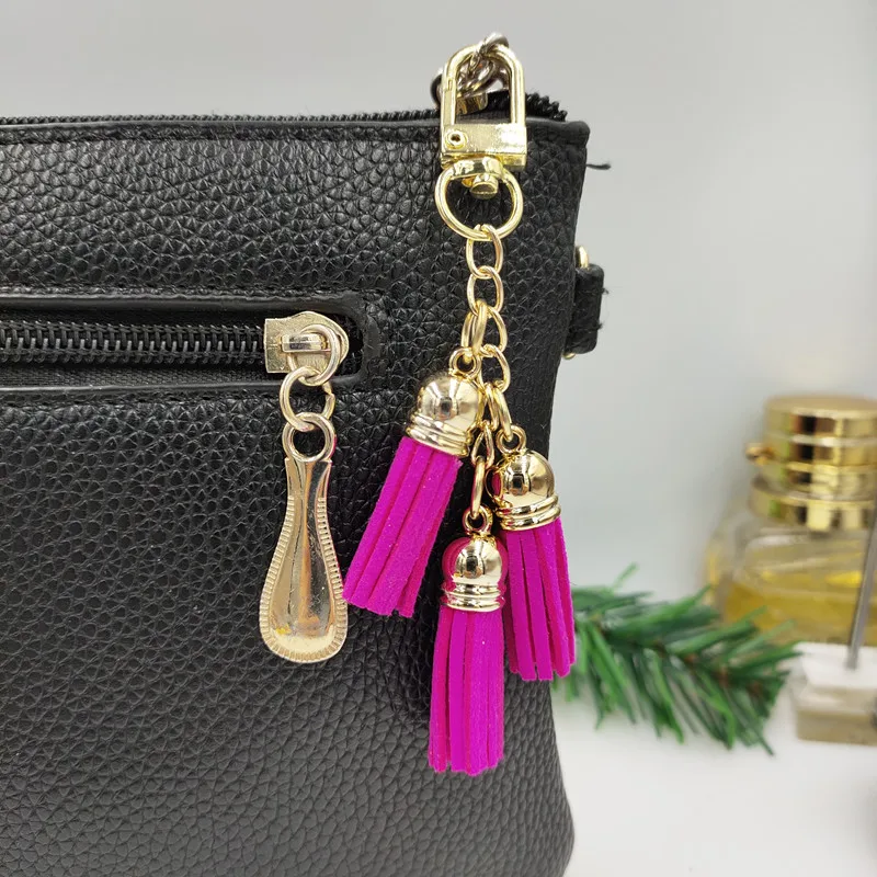 New High-quality 20 Colors Suede Tassel Key Chain 3 Keychains Golden Ring Women Bag Charming Pendant Car Holder | Украшения и