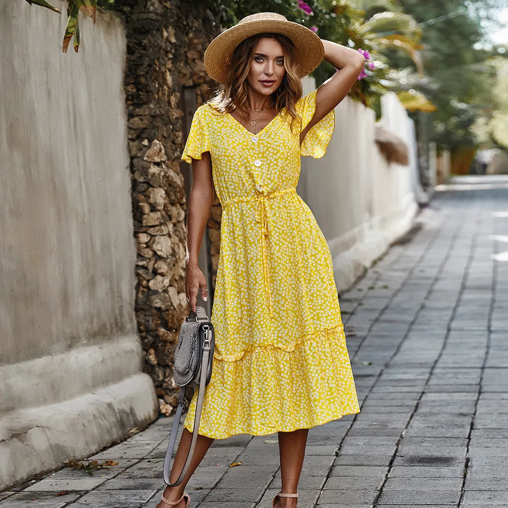 

Floral Print Ruffles Midi Dress Women 2021 Summer Butterfly Sleeve V Neck With Button Lace Up Ladies Casual Elegant Dresses