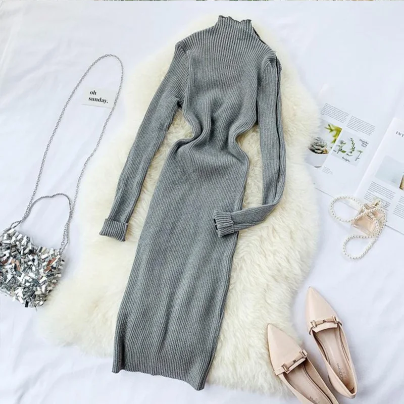 

Women Dress Autumn Retro High Neck Solid Sexy Slim Knee Long Zipper Sleeve Stretch Knitted Robe Femme Sweater Dresses