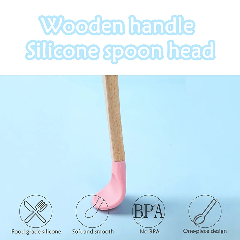 Baby Wooden Spoon Silicone Wooden Baby Feeding Spoon Organic Soft Tip BPA Free Food Grade Handle Toddlers Gifts silicone feeding spoon baby cutlery