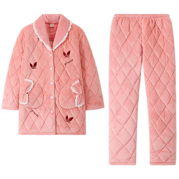 

New Autumn Winter Thick Warm Women Clip Cotton Pajamas Set Long Sleeve Pijamas Casual Soft Big Size Female Sleepwear Nightwear