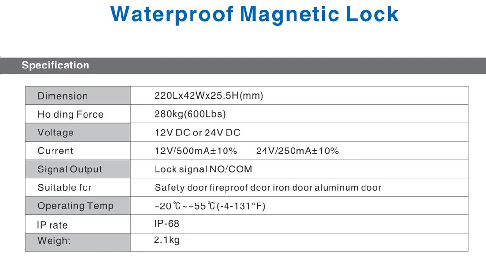 Waterproof 280KG 600lbs IP67 Electric Magnetic Lock DC 12V Door Electromagnetic