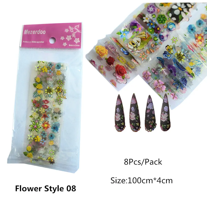 Flower 08 8 шт Голографическая фольга для ногтей 4 см* 100 см Звездный цветок Переводные Фольга наклейки для ногтей наклейки летние клеящиеся Фольга для ногтей наклейки - Цвет: Flower 08