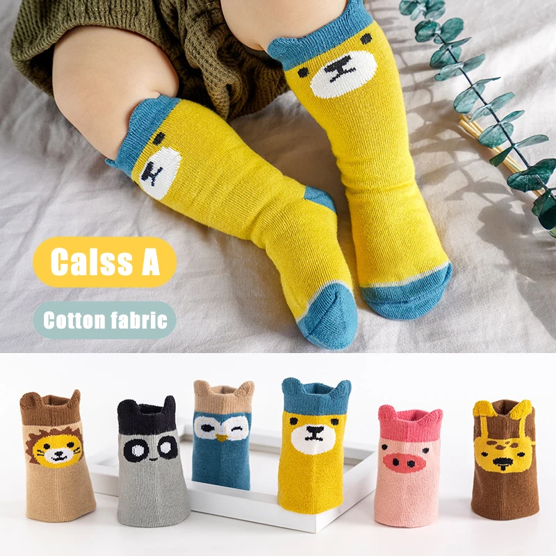Calcetines de algodón para niños recién nacidos medias de niño o niña con patrón de animales antideslizantes hasta la rodilla, calcetines de dibujos animados para niños pequeños