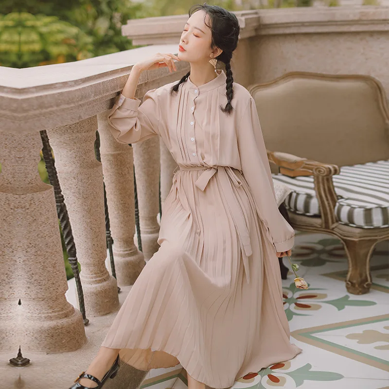 

2020 Spring And Summer New Style Solid Color Long Sleeve Literature And Art Non-mainstream Lace-up Sweet Japanese-style Retro Pl