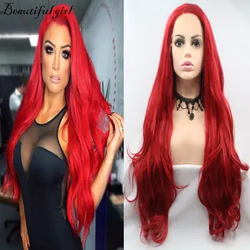 

26 Inch Red Body Wave 13*3 Synthetic Lace Front Wig Heat Resistant Fiber Free Parting Natural Hairline Hair For Black Women Wigs