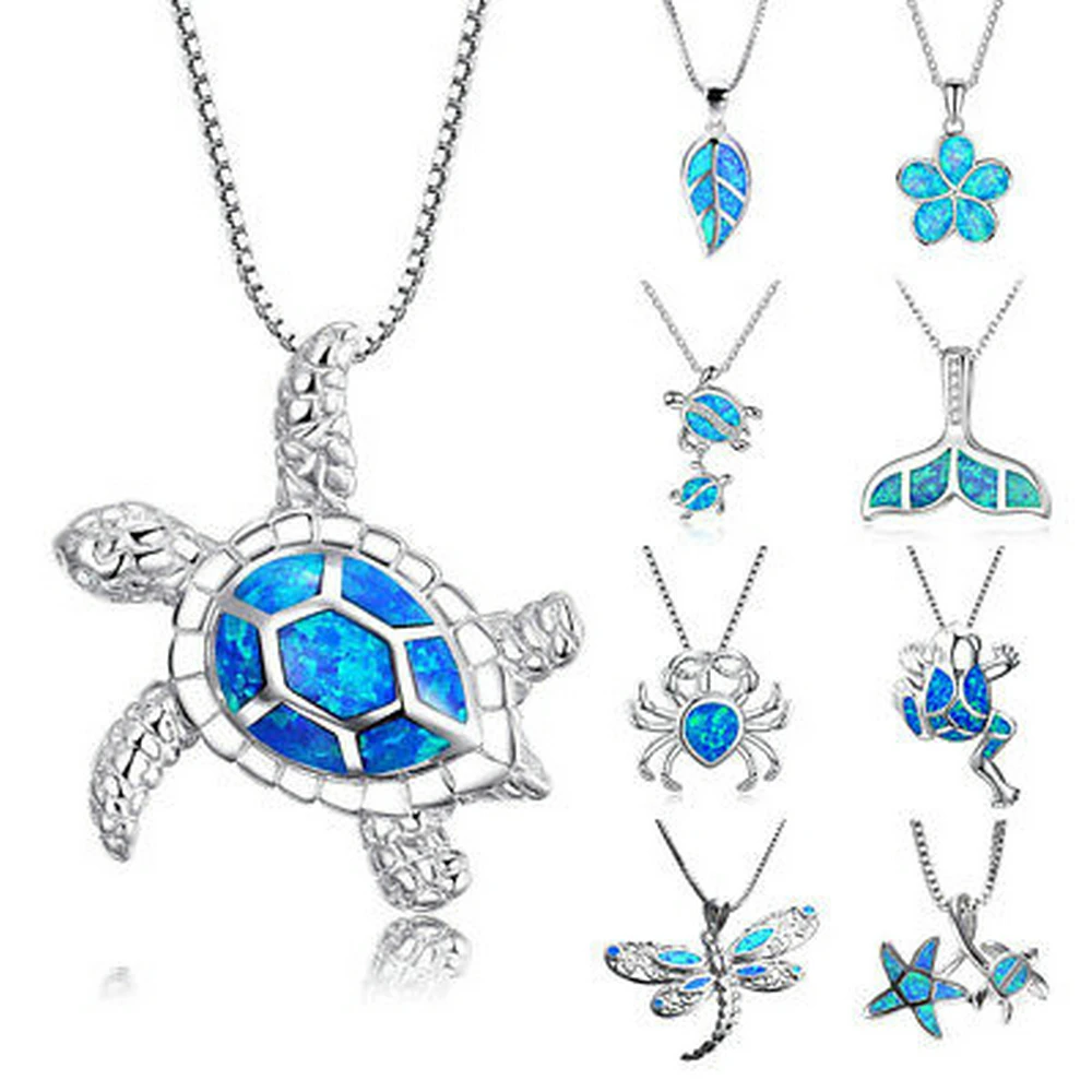 

Fashion Silver Filled Blue Opal Sea Turtle Cutout Pendant Chain Women Men Necklace Beach choker