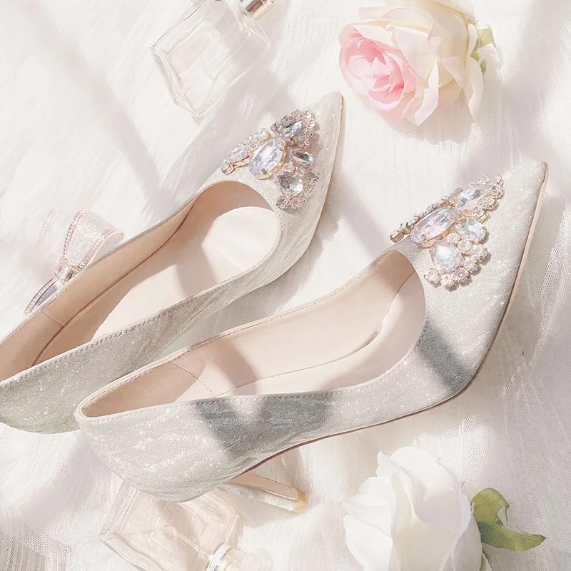 

Spring and summer pointed rhinestone stiletto bridal wedding shoes with party dress crystal sexy small size women's sandals