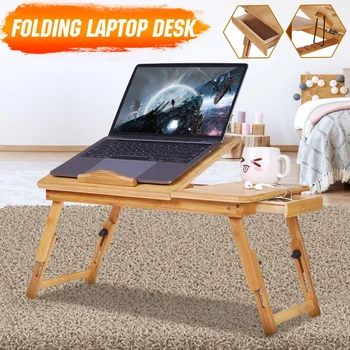 

Bamboo Folding Laptop Desk Notebook Table Adjustable Breakfast Serving Tray Bed Table with Drawer Working in Bed Sofa
