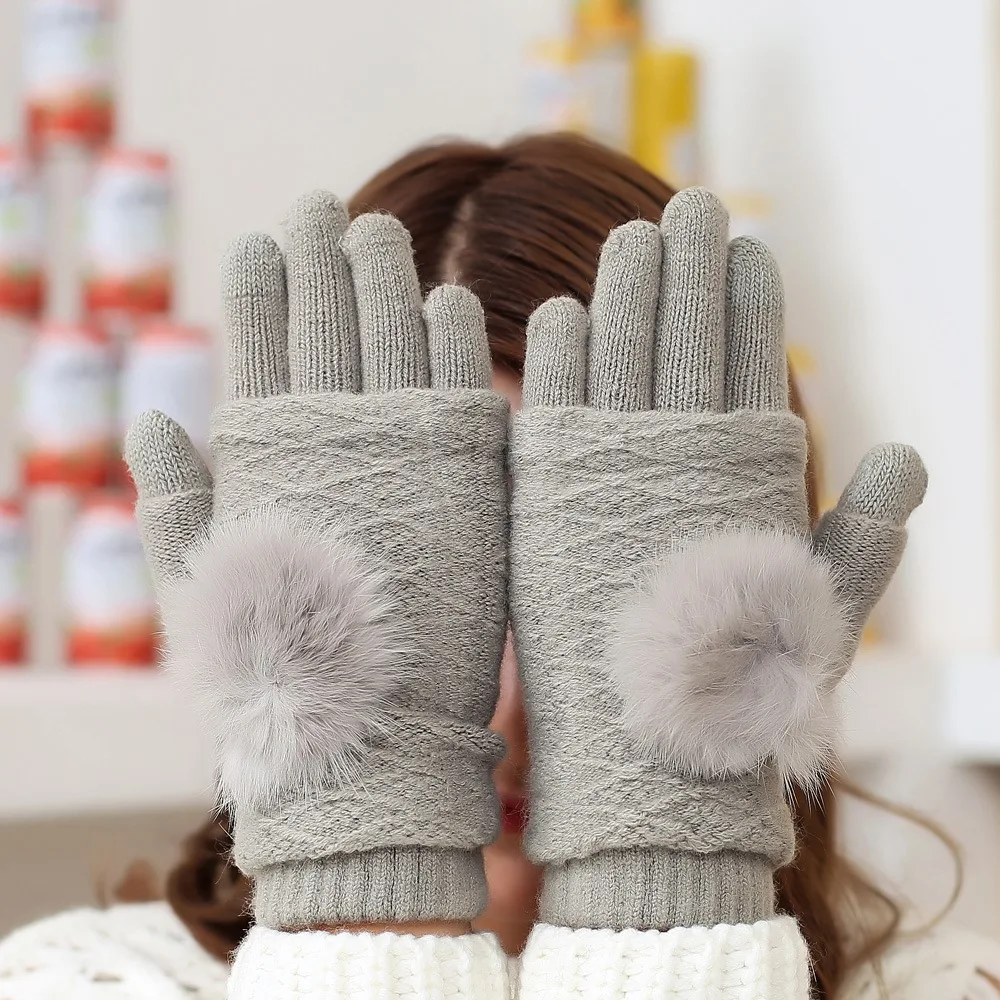 Light Gray Sparsil женские Шаровые перчатки с кроличьим мехом, перчатки с сенсорным экраном, зимние перчатки с полными пальцами, 2 предмета, кашемировые толстые теплые варежки, Guantes - Цвет: Light Gray