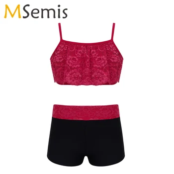 

MSemis Kids Girls Ballet Crop Top Shorts Gymnastics Leotard Tankini Dance Outfit Floral Lace Top Bottoms for Swim Gym Workout