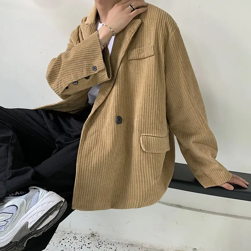 

2020 Autumn And Winter New Youth Popular Men's Loose Retro Corduroy Double-breasted Suit Fashion Casual Top Khaki/black