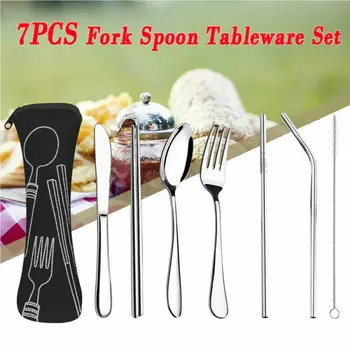 

7Pcs Lunch Tableware Cutlery Set Stainless Steel Spoon Fork For Travel Outdoor