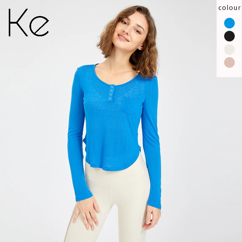 

KE604 Autumn winter sports tops women's long-sleeved viscose blue yoga clothes short running casual slim slimming sexy fitness