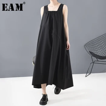

[EAM] Women Black Drawstring Long Spaghetti Strap Dress New Round Neck Sleeveless Loose Fit Fashion Spring Summer 2020 1T825