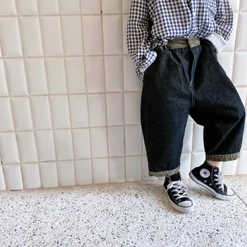 

2020 Autumn New Boys and Girls Fashion Casual Denim Loose Retro Mosaic Capri Straight-Leg Pants Toddler Cowboy Harem Trousers