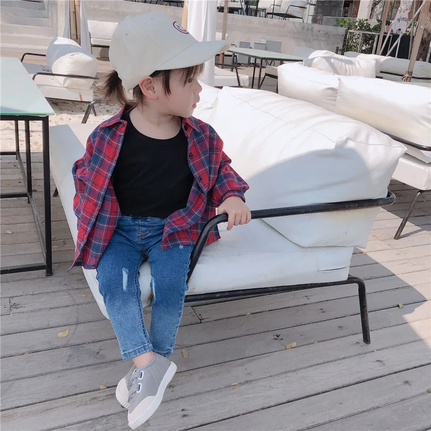 Autumn New Style Korean-style Childrenswear Men And Women Child Baby Plaid Casual Shirt Versatile Shirt