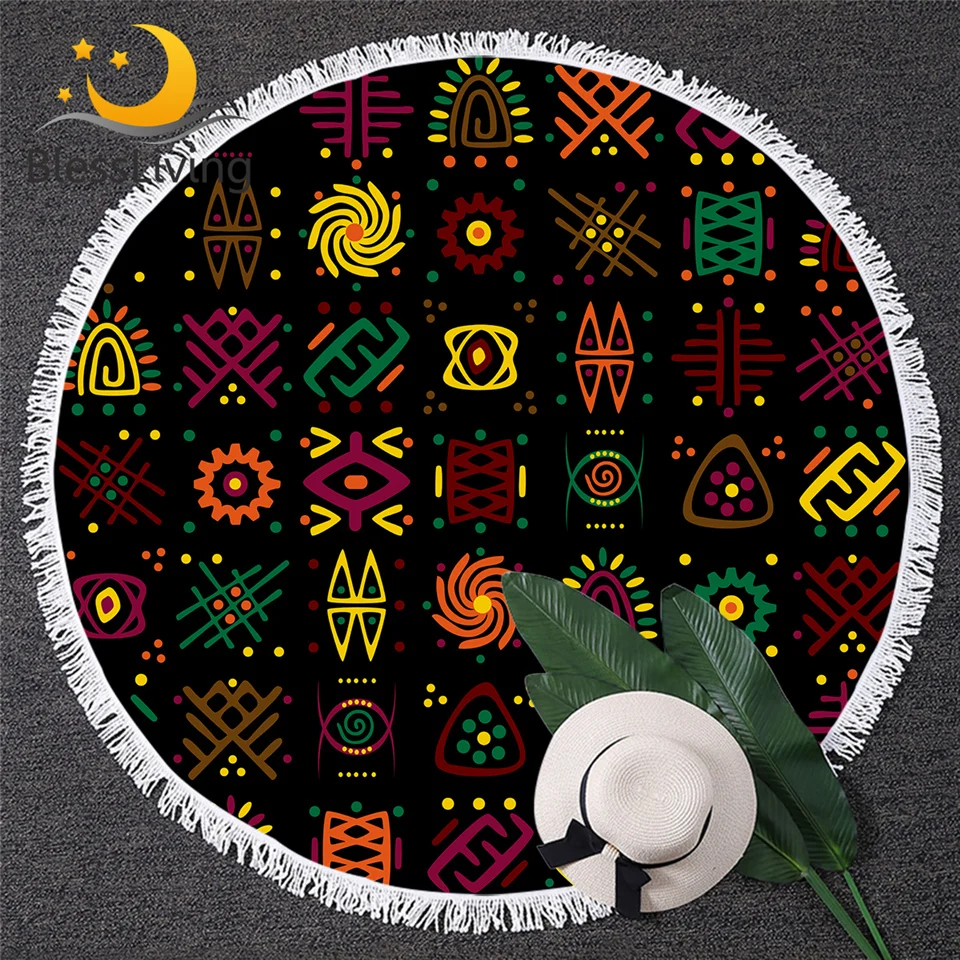 

BlessLiving Ancient Egyptian Beach Towel Hieroglyphs Printed Round Towel African Picnic Mat Colorful Retro Summer Blanket 150cm