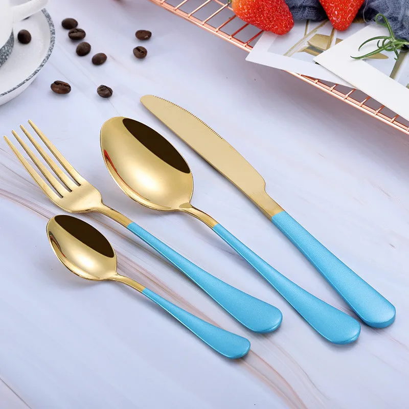 blue gold Набор золотых ножей с ложкой, набор золотых ножей для столовых приборов, наборы свадебных столовых приборов, вилки, ножи, ложки, столовые приборы для путешествий, набор столовых приборов, Прямая поставка - Цвет: blue gold