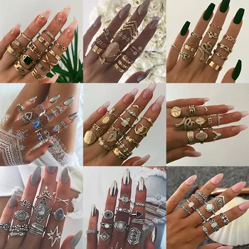 

KSRA Boho Vintage Gold Joint Knuckle Rings For Women Bohemia Snake Crystal Crescent Geometric Female Finger Rings Set Jewelry