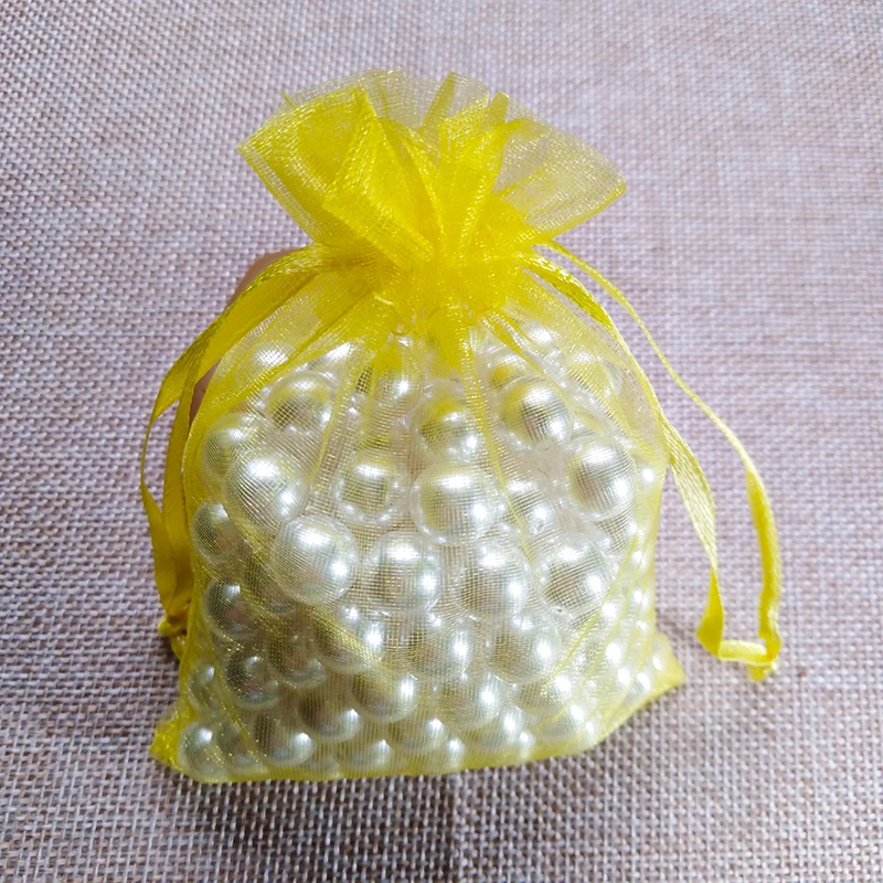 50 шт./лот, 5x7x9, 9x12, 10x15 см, сумки из органзы для упаковки ювелирных изделий, сумки для украшения свадебной вечеринки, сумки для подарков, 24 цвета - Цвет: yellow