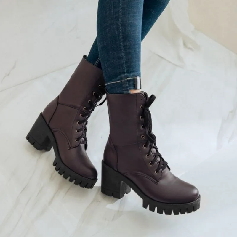 Tuyoki Size 34-43 Women High Heel Boots Lace Up Platform Boots Warm Winter Shoes Thick Heeled Botas Woman Footwear