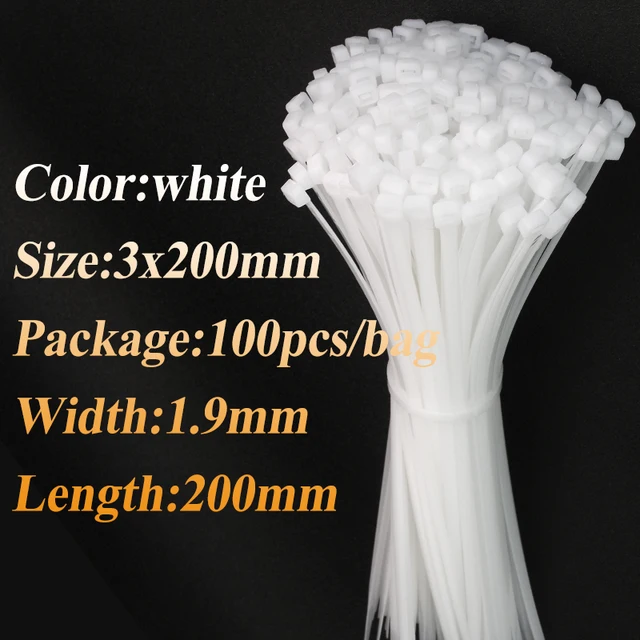 100pcs/bag cable tie Self-locking plastic nylon tie White Organiser Fasten Cable Wire Cable Zip Ties 3x200mm(white)100pcs