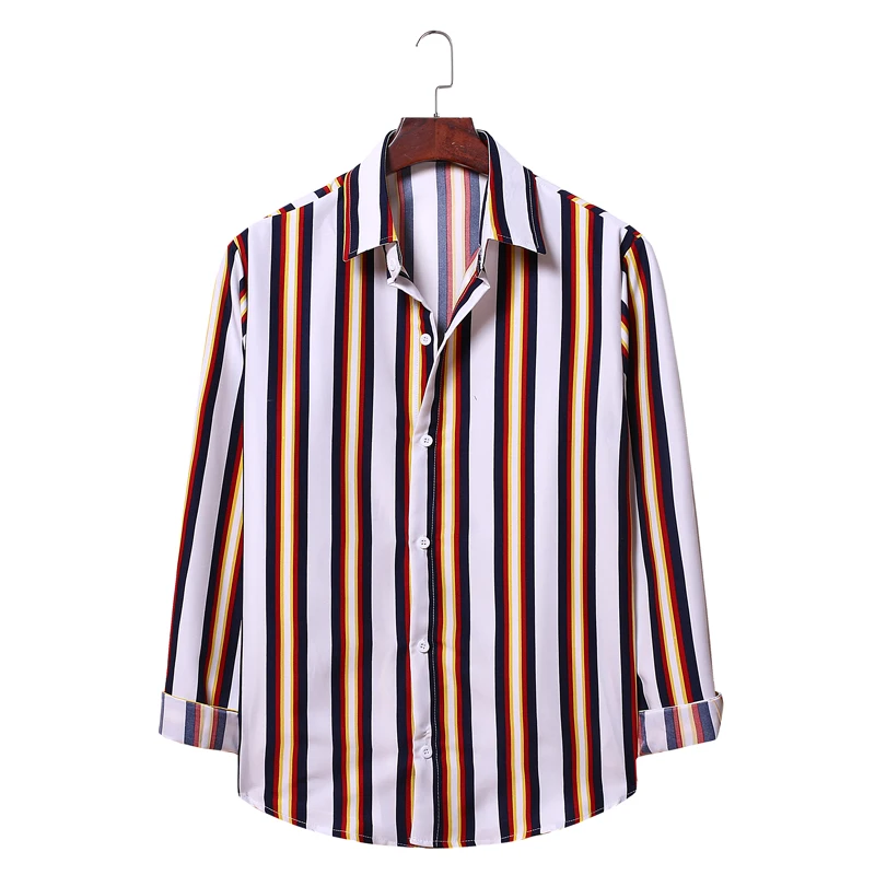 

Aoliwen brand Men Summer Fashion Striped Shirt Top Harajuku Casual long Sleeve Shirt Men Male Slim Fit Shirt Striped panel shirt