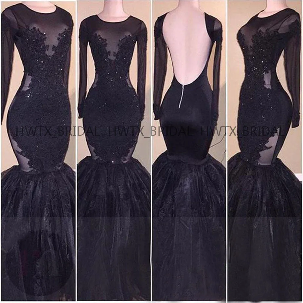 Robe de soiree Black Backless Mermaid Avondjurk 2020 Naakt Lange Mouwen Lace Tulle Puffy Rok Lange Formele Avondjurk custom Robe de soiree Black Backless Mermaid Avondjurk 2020 Naakt Lange Mouwen Lace Tulle Puffy Rok Lange Formele Avondjurk custom