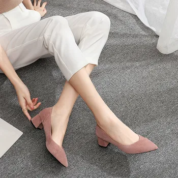 

2020 Fashion Spring Summer Women's Flock Square Middle Heels Shoes Pointed Toes Elegant Delicate and Pretty Ladies Pumps