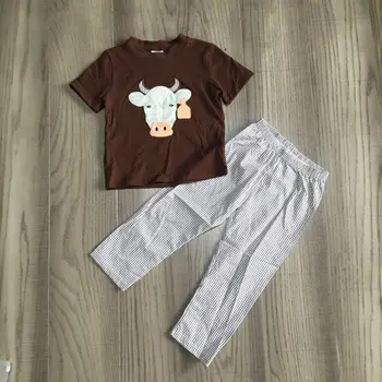 

girlymax clothes baby boy fall set boy brown cow head shirt with plaid grey pants