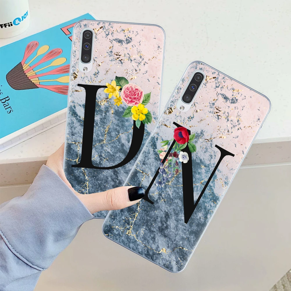 

Custom name Letter Flowers marble Design Case for Samsung A10 A20 A30 A40 A50 A70 2019 A7 A9 A6 Plus 2018 soft phone Cover Coque