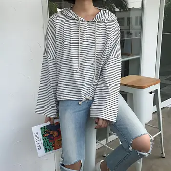 

Women Hoodies Sweatshirt Loose O-neck Thin Pullover Tops Ladies Hoodies Striped Printed Simple Basic Casual Sweatshirts
