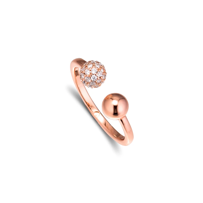 Rose Polished& Pave Bead Open Rings Authentic 925 Sterling-Silver-Jewelry with Clear CZ Free Shipping