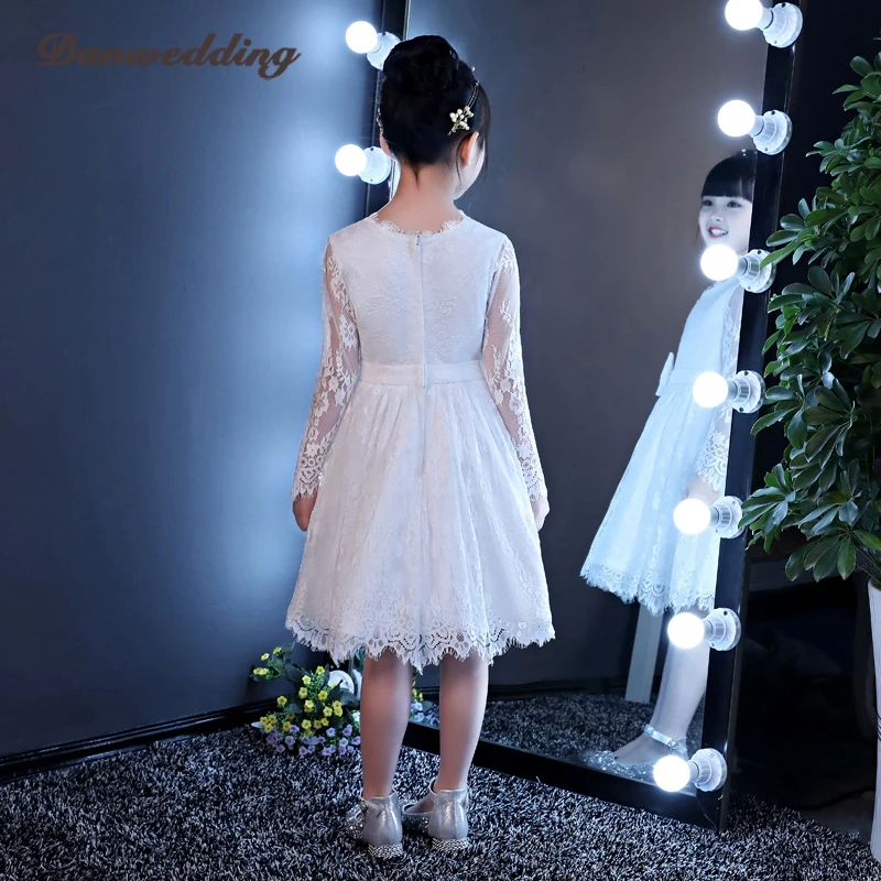 Soft Lace Kids Pageant Evining Dress Long Sleeve Short Flowers Girl Dress For Wedding First Communion Dress White Princess
