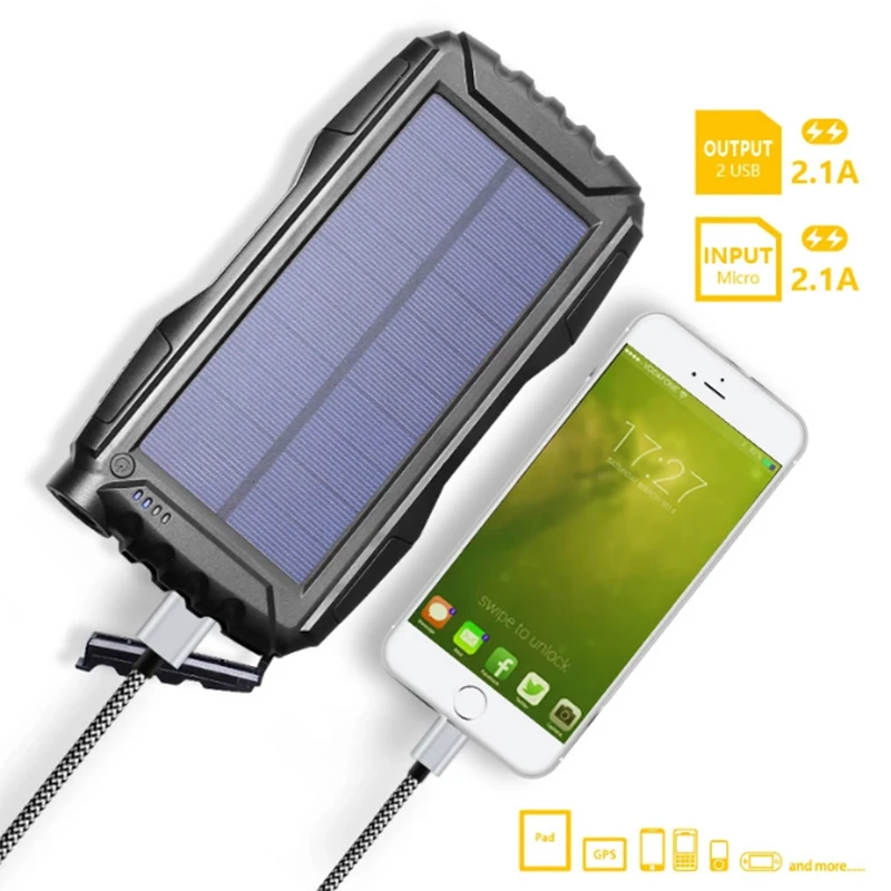 Banco de energía Solar de 25000mAh con luz LED de doble USB impermeable a prueba de polvo portátil