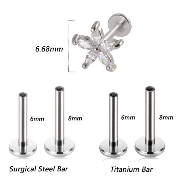 1PC G23 Titanium&Steel 16G CZ Gem Moon Labret Lip Bar Ring Crystal Flower Ear Cartilage Tragus Helix Piercing Screw Fit Top 16g Style B