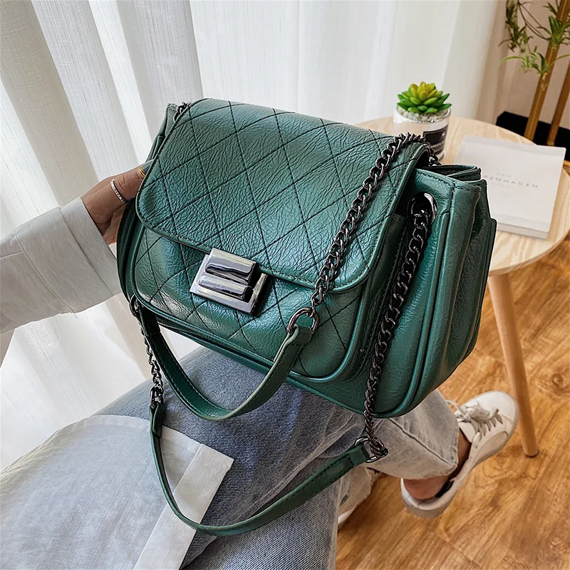 Casual Green Chain Shoulder Bags for Women Fashion Designer Luxury Brand Purses and Handbags PU Leather Small Cross Body Bag
