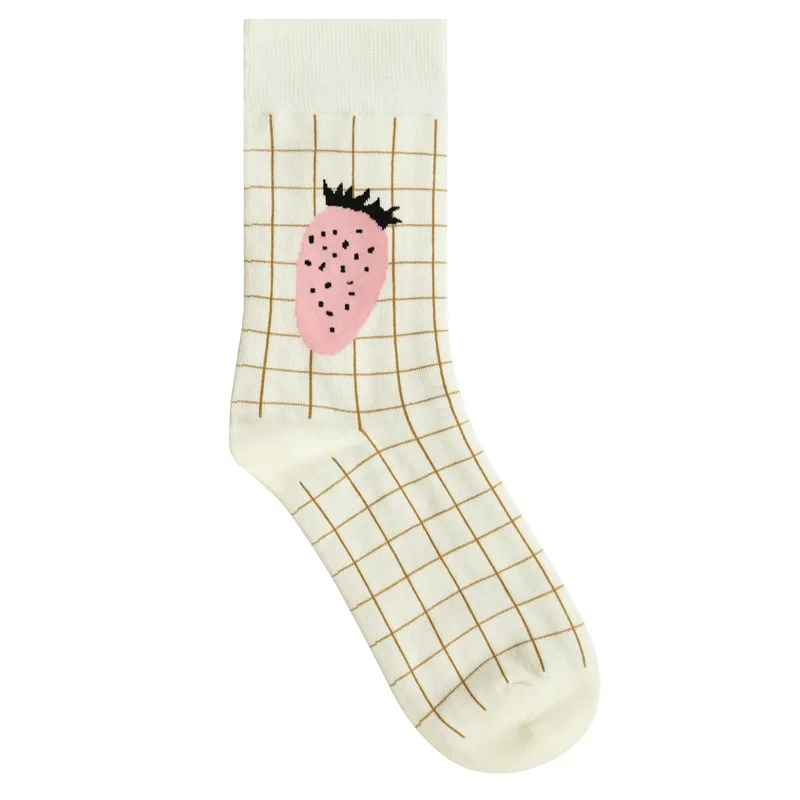 Strawberry Tartan Носки для взрослых до середины икры, хлопковые носки, клубника, шотландка, проверка сетки, бутылки, ананас, ананасы, тюльпаны, цитрусовые Junos - Цвет: Strawberry Tartan