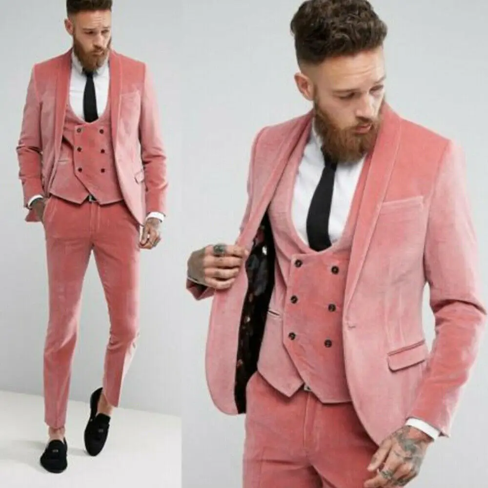 Light Blush Pink Velvet Slim Fit Men Suit Wedding Tuxedos Best Man Formal Groom Blazer 3 PCS Jacket&ampVest&ampPant Ropa Hombre | Мужская