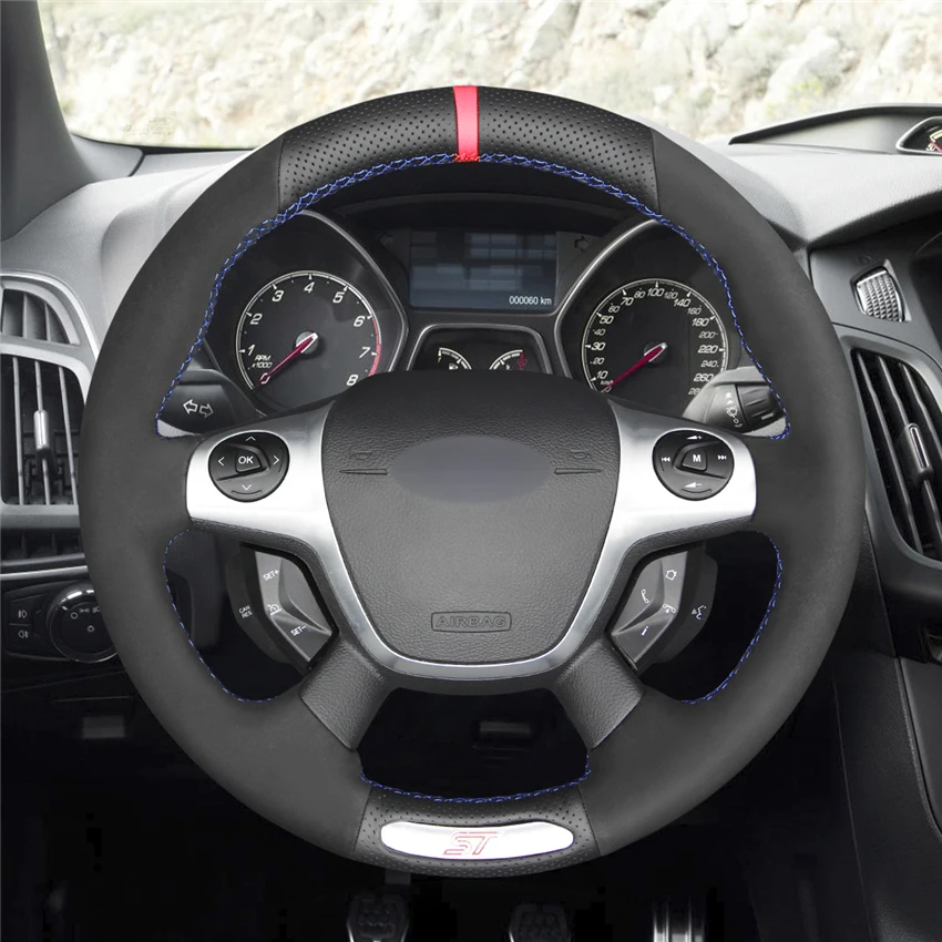 Black-Genuine-Leather-Hand-Sew-Car-Steering-Wheel-Cover-for-Ford-Focus-3-ST-2012-2014