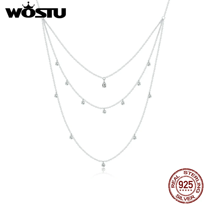 WOSTU Новое трехслойное ожерелье 925 пробы Серебряное циркониевое звено цепи для