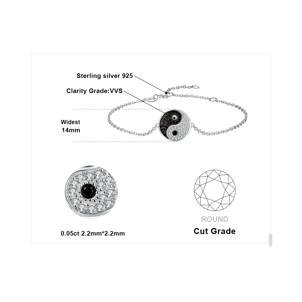 JewelryPalace Tai Chi Yin Yang 925 Sterling Silver Chain Link Bracelets for Women Natural Black Spinel Round Gemstone Bracelet
