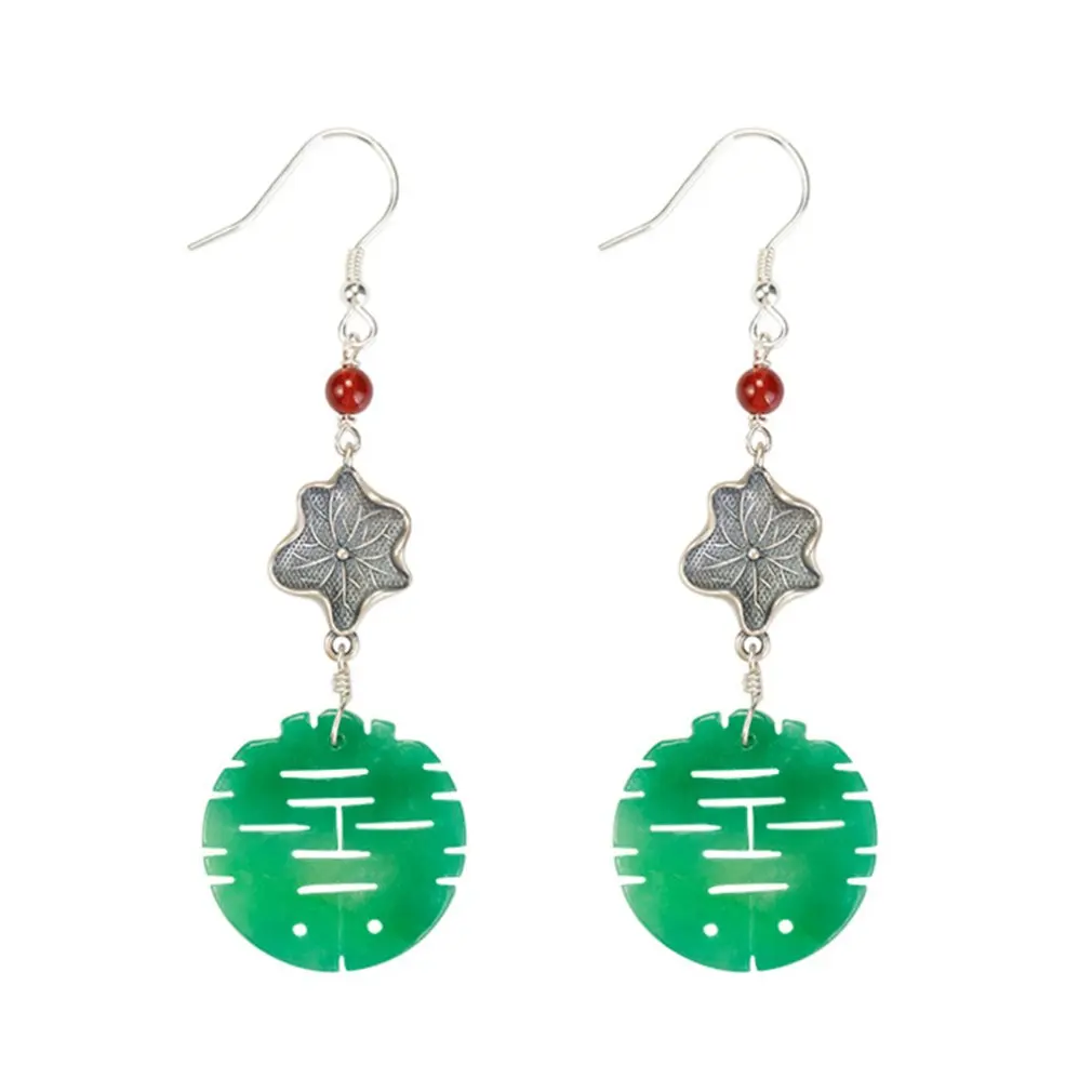 

S925 Silver Natural Red Agate Dry Green Lotus Leaf Double Happiness Earrings Diy Handmade Simple Design Antique Ear Earrings