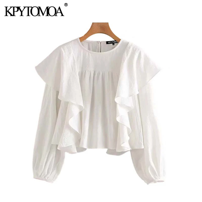 

Vintage Sweet Ruffles Solid Short Style Blouses Women 2020 Fashion O Neck Long Sleeve Female Shirts Blusas Mujer Chic Crop Top