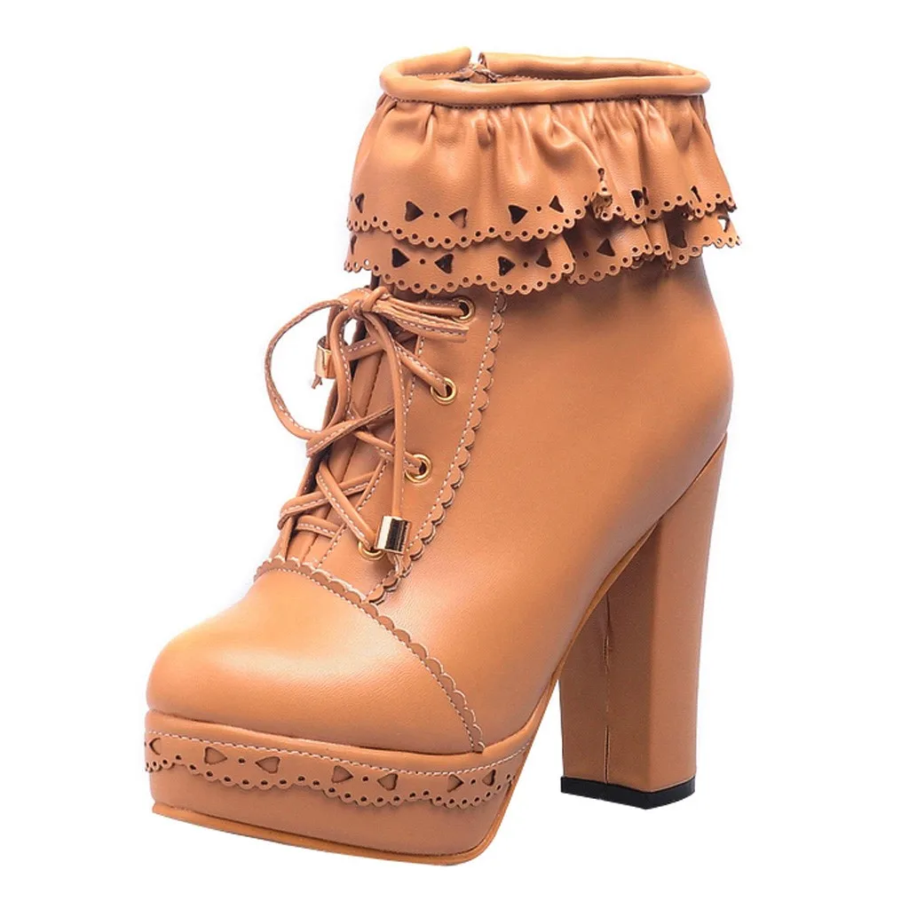 Милые ботинки в стиле Лолиты; Модные женские ботильоны на платформе с высоким каблуком и круглым носком на шнуровке; зимние ботинки; bottes femme