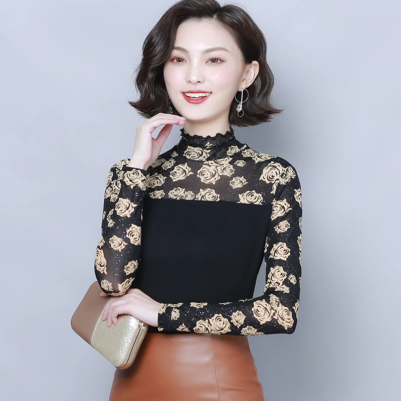 

Ruffle Half High Collar Blouses Female Fashion Mesh Shirts Women Sexy Modis Tops Slim Elastic Shirts 2019 Autumn Chemise Femme