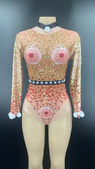 

Girls Nightclub Party Bar Electronic Light Dance 3D Print Beautiful Slim Fitted Sexy Huge Elasticity Pearls Rhinestone Jumpsuit