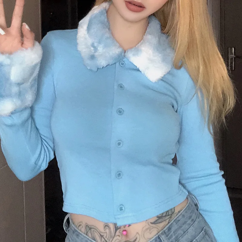 

Autumn Vintage Furry Turn-down Collar Cardigan Women Thin Ribbed Long Sleeve Knitted Sweater Korean Casual Crop Top Jumper