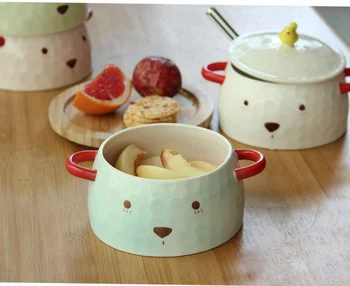

Ceramic Bowl Cartoon Bear Food Container Tableware Large Soup Noodle utensil with Lid Handgrip Serving marmite Kitchen Supplies